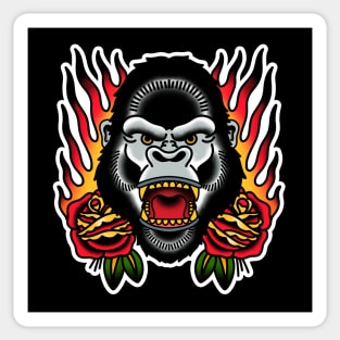 Gorilla Flames and Roses Traditional Tattoo Sticker